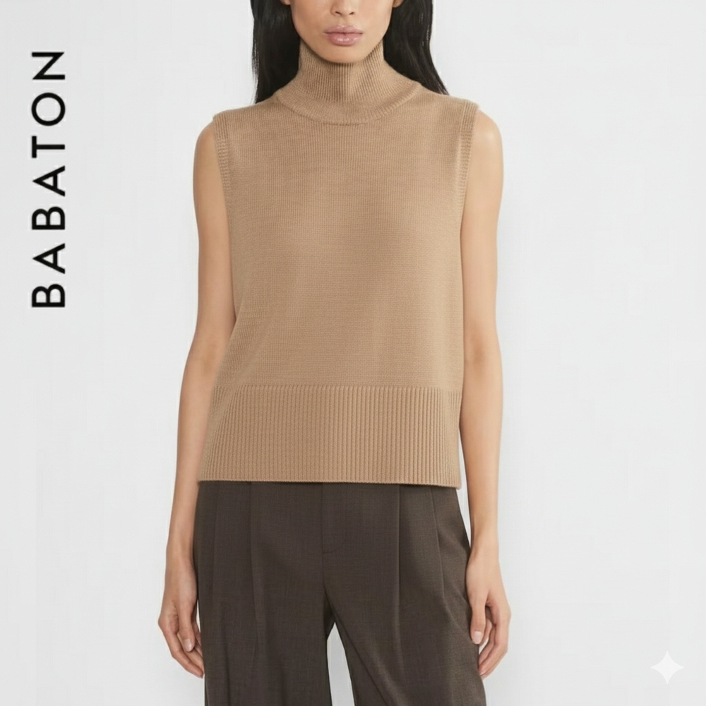 XS Babaton 100% Merino Wool Successor Camel Sleeveless Turtleneck Vest